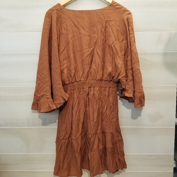{M} Hayden Exaggerated Open Ruffled Dolman Sleeve Dress in Brick - Picture 8 of 10